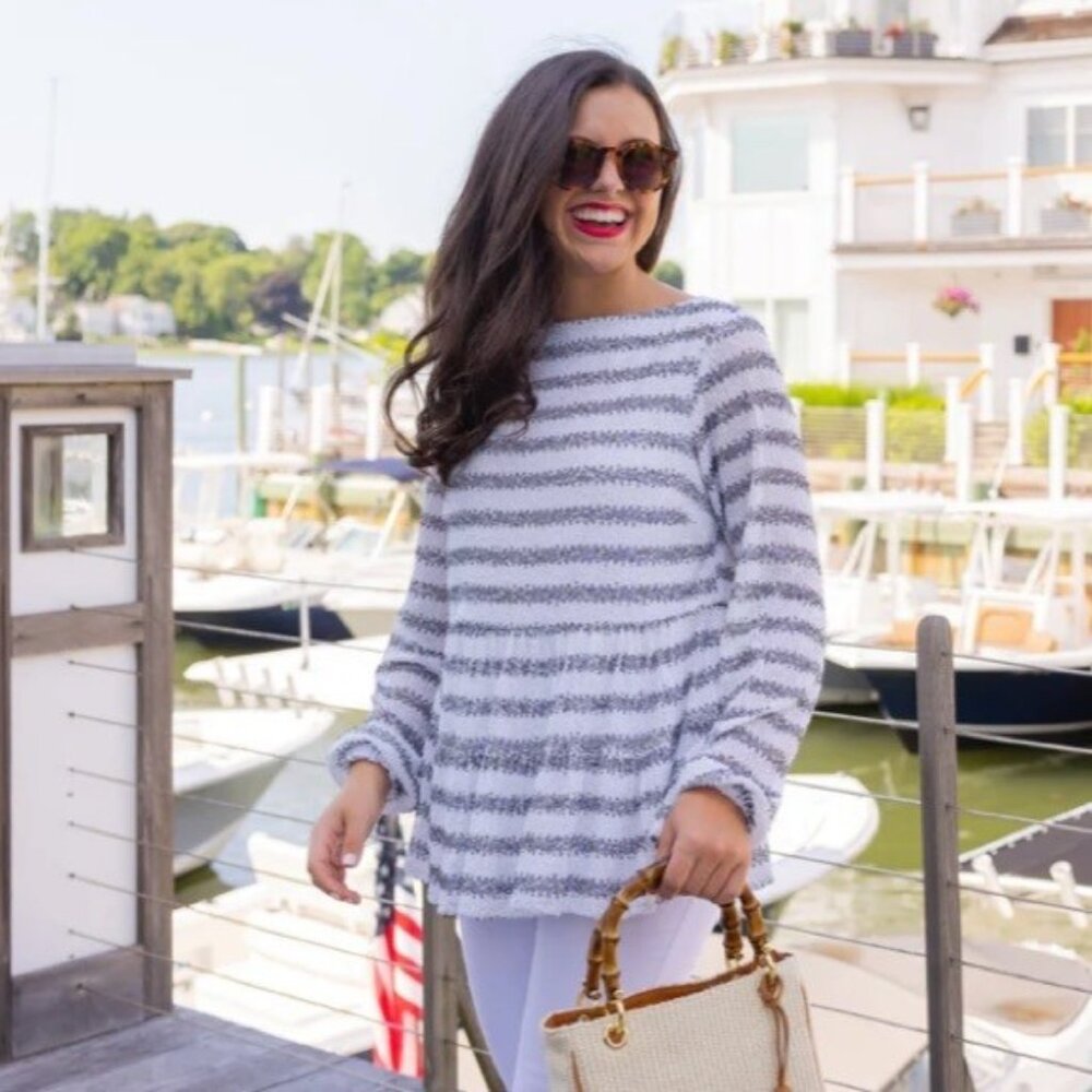 Sail To Sable Steph Black White Sequin Stripe Embellished Tiered Blouse Top